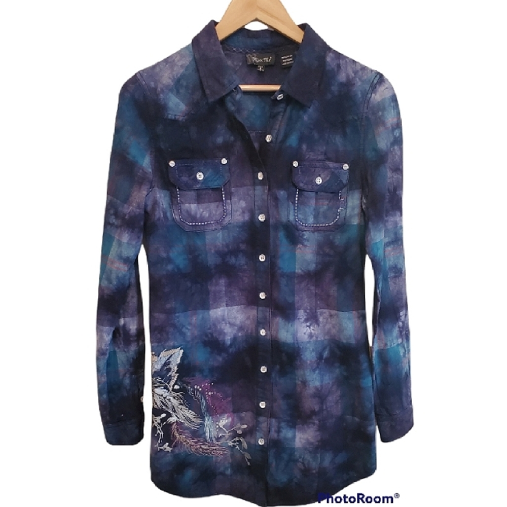 New Miss Me Soft Plaid Flannel Embroidered Embellished Tie Dye Tunic Top…